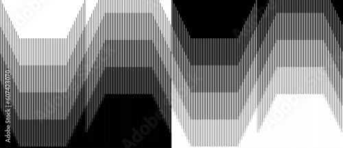 Abstract art geometric background with vertical lines and hexagones. Optical illusion with lines and transition. Black lines on a white background and white lines on the black side.