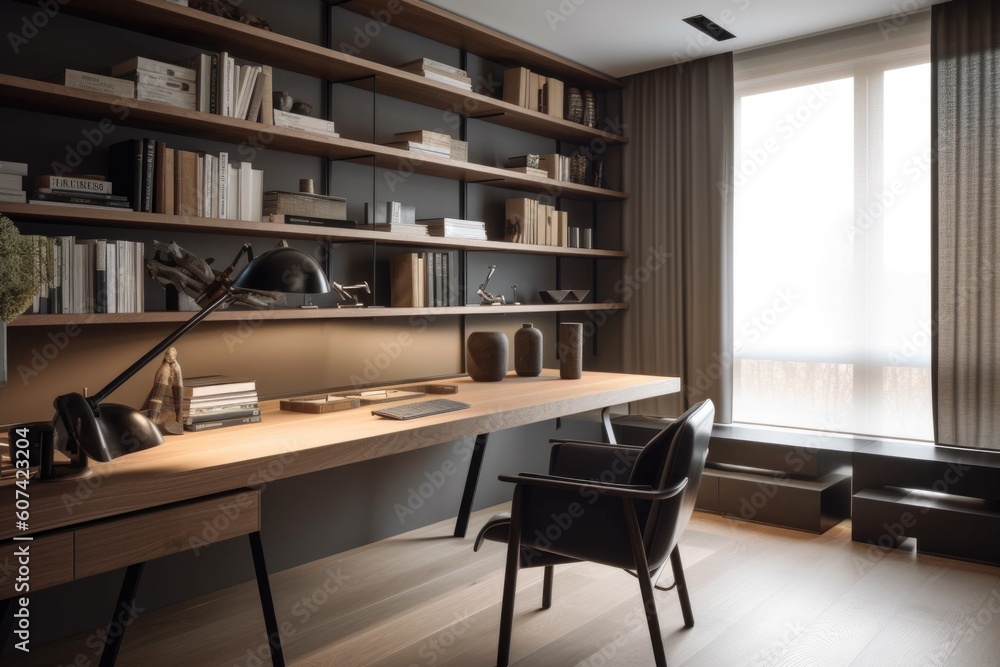 elegant and minimalistic home office, with sleek furniture and modern decor, created with generative ai