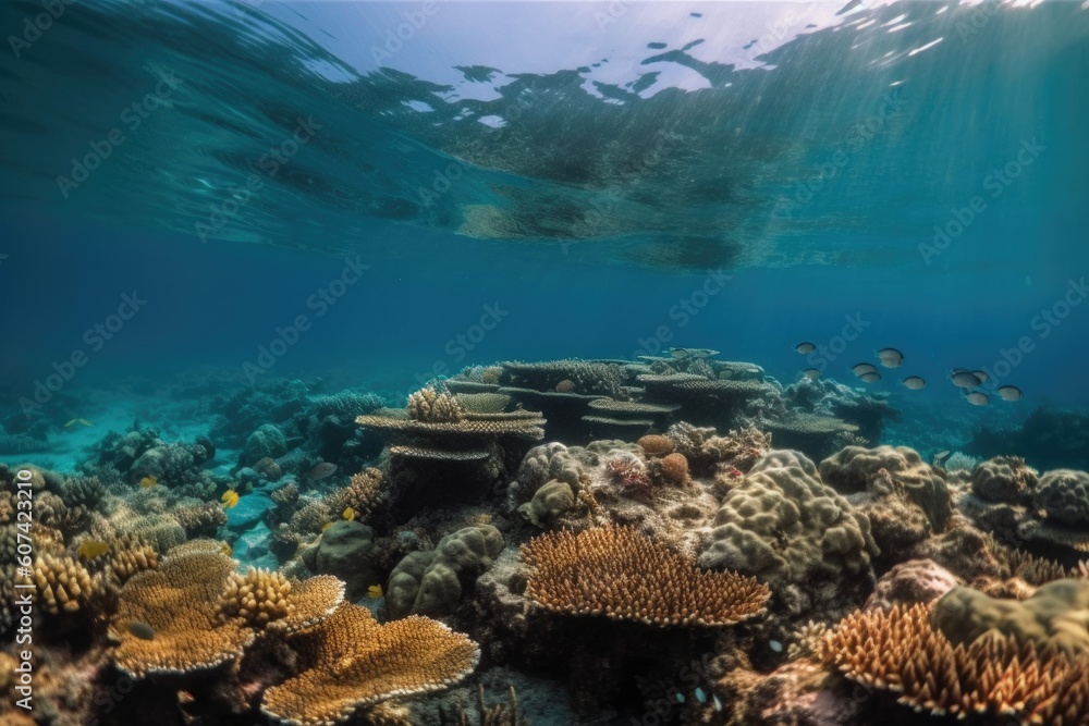 underwater view of coral reef with schools of fish swimming among the corals, created with generative ai underwater view of coral reef with schools of fish swimming among the corals, created with generative ai