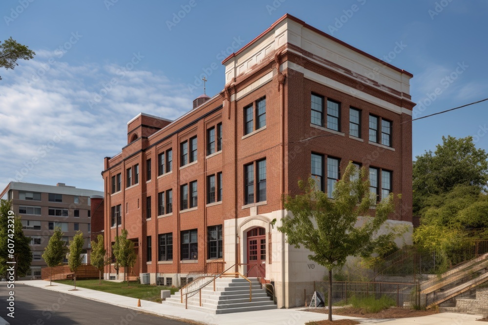 adaptive reuse project in historic school building with modern amenities, created with generative ai