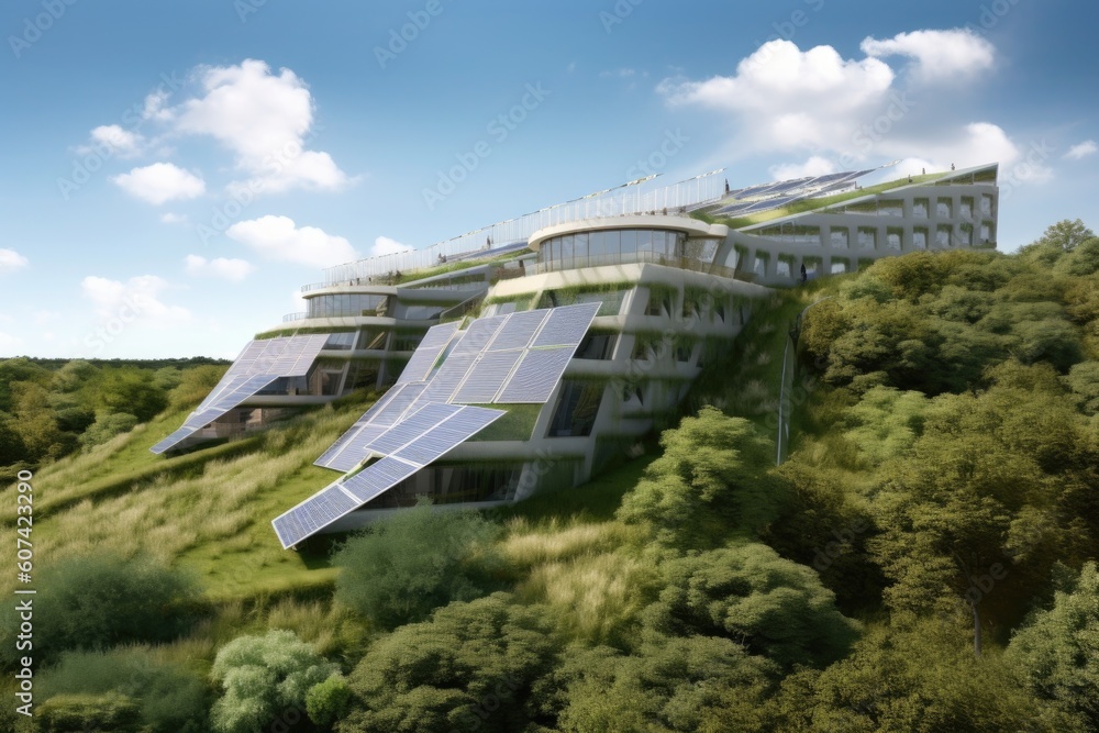 eco-friendly hotel, with solar panels and wind turbines on the roof, surrounded by greenery, created with generative ai eco-friendly hotel, with solar panels and wind turbines on the roof, surrounded by greenery, created with generative ai