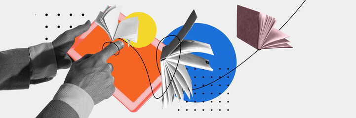 Male hand using tablet, finding information online in internet. Replacement of paper books. Contemporary art collage. Concept of online education, Internet assistance, modern innovations