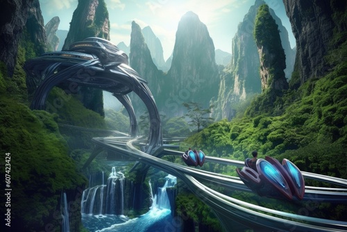 roller-coaster alien ride past waterfalls and mountains, created with generative ai © altitudevisual