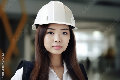asian woman attractive job industrial business smile portrait helmet engineer industry. Generative AI.