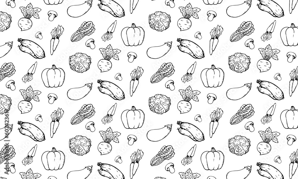 Food background, vegetables seamless pattern. Healthy eating - tomato, garlic, carrot, pepper, broccoli, cucumber line icons. Vegetarian, farm grocery store vector illustration Food background, vegetables seamless pattern. Healthy eating - tomato, garlic, carrot, pepper, broccoli, cucumber line icons. Vegetarian, farm grocery store vector illustration