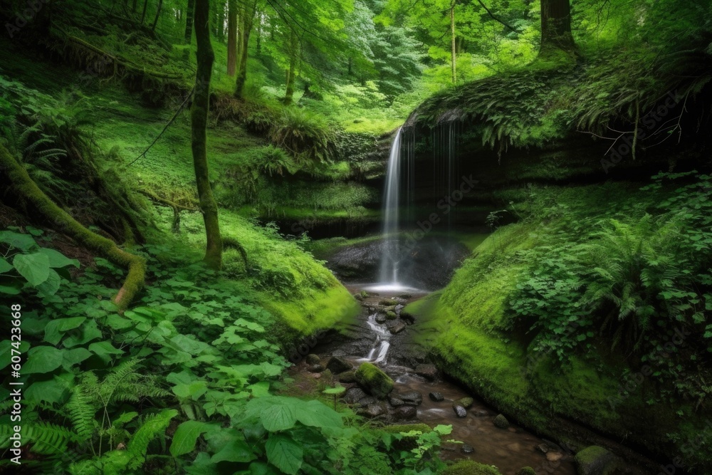 cascading waterfall, surrounded by lush green trees and foliage, created with generative ai