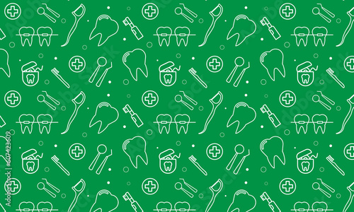 Dentist, orthodontics green seamless pattern with line icons. Dental care, medical equipment, braces, tooth prosthesis, floss, caries treatment, toothpaste. 