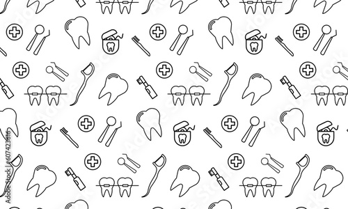 Dentist seamless pattern with thin line icons: dental instruments, caries under magnifier, orthodontics, tooth extraction, veneers, tooth whitening, implant, braces, calculus. Vector illustration.