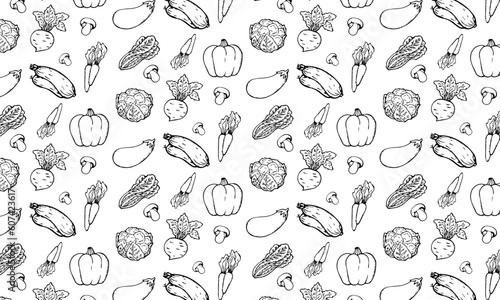 Food background, vegetables seamless pattern. Healthy eating - tomato, garlic, carrot, pepper, broccoli, cucumber line icons. Vegetarian, farm grocery store vector illustration