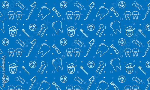 Dentist, orthodontics blue seamless pattern with line icons. Dental care, medical equipment, braces, tooth prosthesis, floss, caries treatment, toothpaste. Health care background for dentistry clinic.