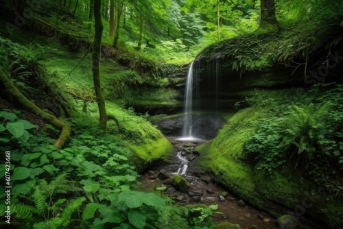 cascading waterfall, surrounded by lush green trees and foliage, created with generative ai