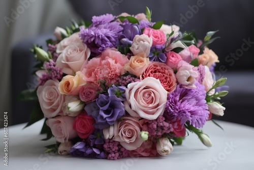 pink and purple bouquet of luxurious pastel flowers for special occasion or display, created with generative ai © altitudevisual
