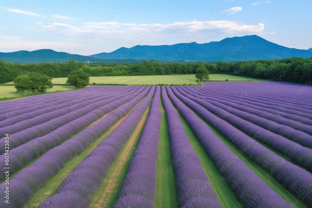 lavender field, with view of distant mountain range, as seen from aerial perspective, created with generative ai lavender field, with view of distant mountain range, as seen from aerial perspective, created with generative ai