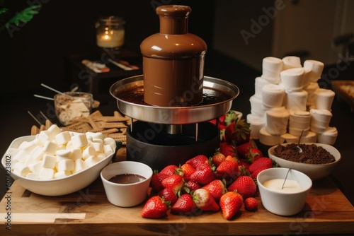 chocolate fountain with strawberries, marshmallows, and graham crackers for a unique fondue experience, created with generative ai