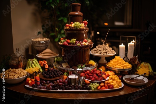 chocolate fountain surrounded by different fruits and pastries for dipping, created with generative ai