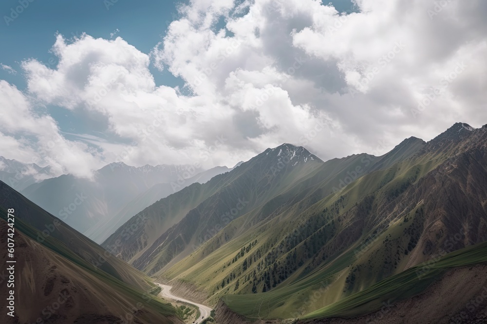 majestic mountain range, with clouds and sky above, captured from a winding road, created with generative ai majestic mountain range, with clouds and sky above, captured from a winding road, created with generative ai