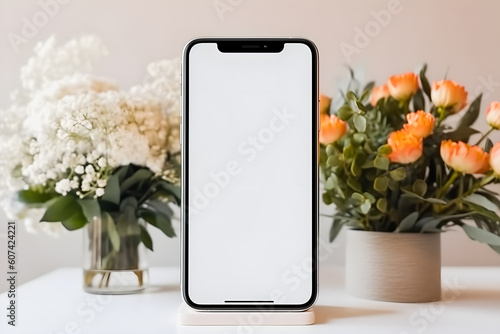 Captivating Fusion: iPhone Mockup Showcasing White Screen Amidst Colorful Flowers