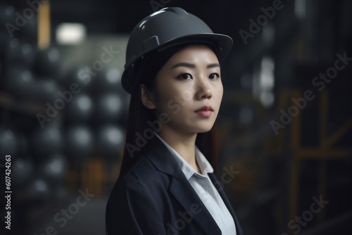 woman engineer asian portrait smile industrial worker business helmet job industry. Generative AI.