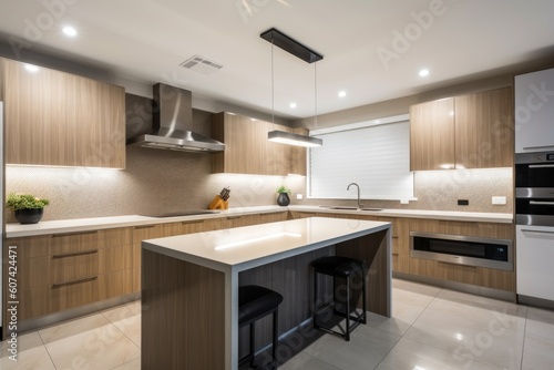 modern kitchen, with overhead lighting and under-cabinet lights creating a warm and welcoming atmosphere, created with generative ai © altitudevisual