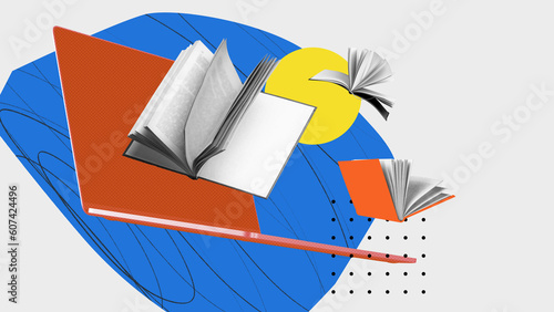 Books and laptop symbolizing online lessons, exams preparation, new knowledges. Contemporary art collage. Concept of online education, Internet assistance, modern innovations
