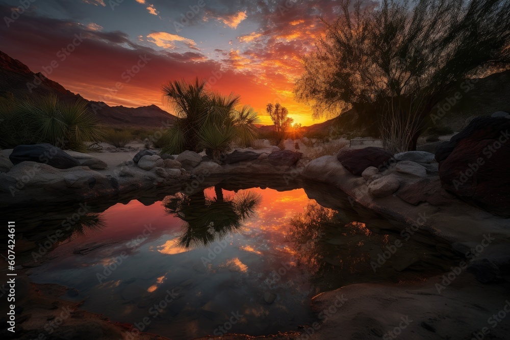 desert oasis, with view of dramatic sunrise, surrounded by reds and oranges, created with generative ai