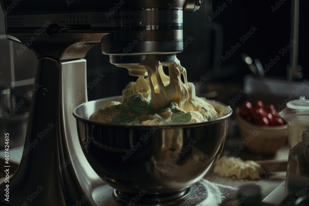 close-up of commercial mixer, with ingredients being added in stop motion, created with generative ai close-up of commercial mixer, with ingredients being added in stop motion, created with generative ai