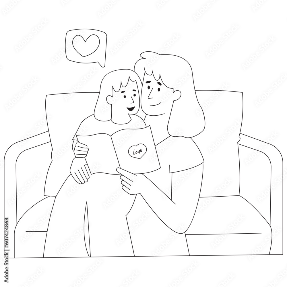 Mother Reading to Child Mothers Day Color 2D Illustrations Mother Reading to Child Mothers Day Color 2D Illustrations
