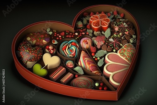 heart-shaped box overflowing with mouthwatering treats, created with generative ai