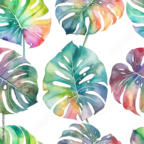 Summer leaves pattern looking like unfinished watercolors, tropical pattern perfect for textiles and decoration. Monstera watercolor leaves. The background is seamless. Vector illustration