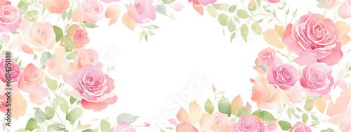 Background decorated with roses flowers and leaves on light abstract background. Template for fashion ads, horizontal poster and social media. Design for wallpaper, card, banner. Generative AI © 360VP