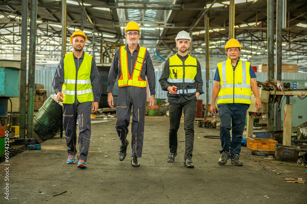 Group of engineer foreman walk line of troops straight in and talk together at end time of work in old Factory. unity teamwork colleague foreman and trainee walk straight in and talk collaboration. Group of engineer foreman walk line of troops straight in and talk together at end time of work in old Factory. unity teamwork colleague foreman and trainee walk straight in and talk collaboration.