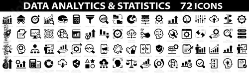 Data analytics 72 icon set. Database icons. Big data analysis technology symbol. Graphs, traffic analysis, data processing, research network collection, statistics, analytics, monitoring