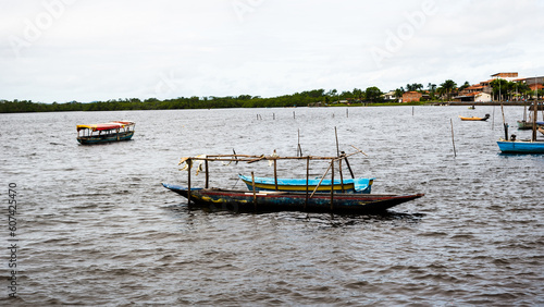 View of fishing boats moored on the Rio das Almas in the city of Taperoa, Bahia.