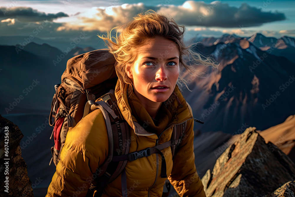 persistent female mountaineer, woman in profession, Generative AI