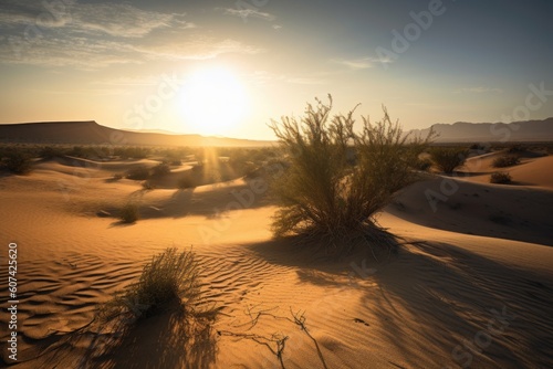 desert with rising sun  casting warm light and shadows onto the landscape  created with generative ai