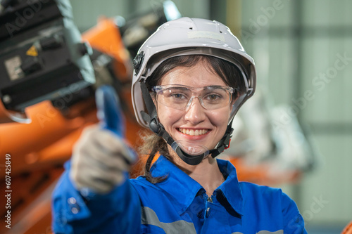 Young woman engineer in blue uniform inspection standing smile show good thumb at construction factory site. girl worker in blue uniform show good thumb at heavy machine construction factory