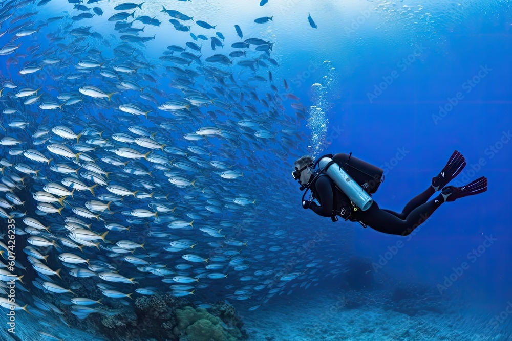 scuba diver swimming with schools of fish in underwater paradise, created with generative ai scuba diver swimming with schools of fish in underwater paradise, created with generative ai