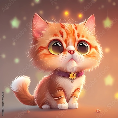Cute cartoon cat with big eyes with stars in the background. Created by Generative AI.
