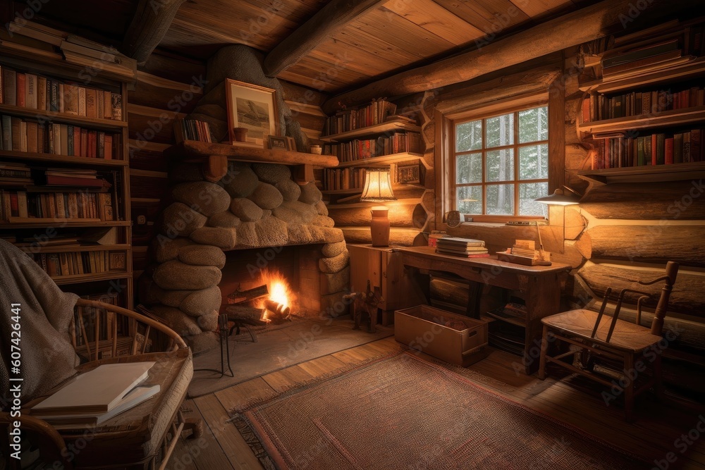 cozy cabin with fireplace and stack of books for cozy reading retreat, created with generative ai cozy cabin with fireplace and stack of books for cozy reading retreat, created with generative ai