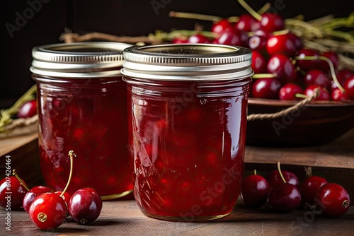 jar of tangy cherry preserves with a beautiful red color, created with generative ai photo