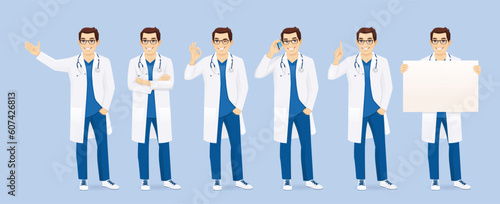 Male man doctor or nurse character set in different poses. Various gestures - standing, pointing, showing, talking on the phone, showing ok sign, holding empty blank board vector illustration photo