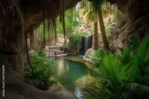 desert oasis with waterfall  surrounded by lush greenery  created with generative ai