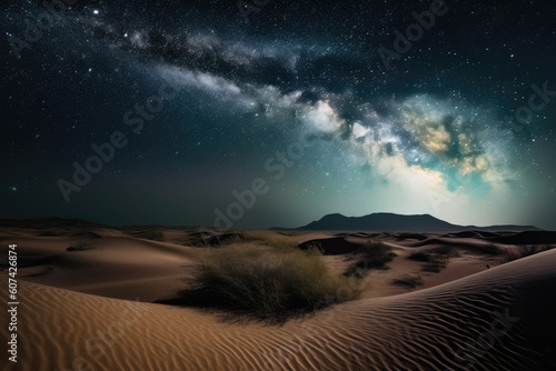 night sky with stars and the moon shining over a desert dune  created with generative ai