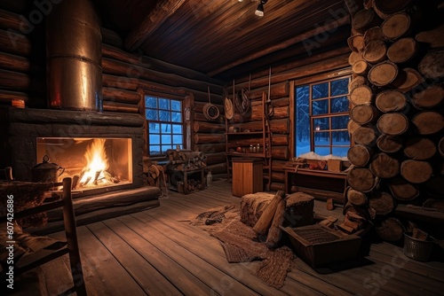 cozy cabin with roaring fireplace and stack of firewood on a cold winter night, created with generative ai