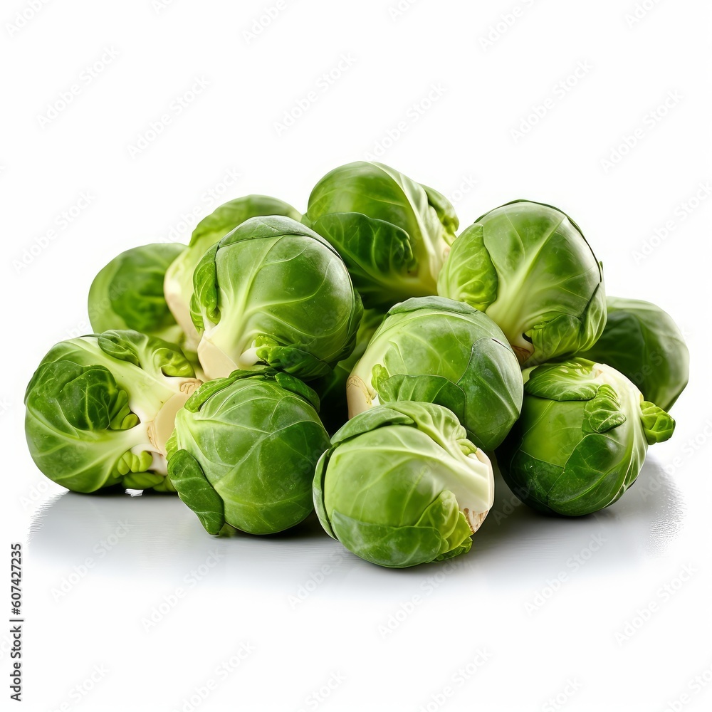 Obraz premium A fresh brussels sprouts isolated on white background. Fresh raw organic vegetable. Generative AI.