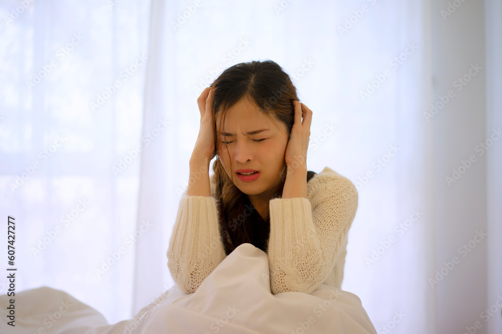 Pretty woman has emotional stress at bedroom. Pretty woman has emotional stress at bedroom.