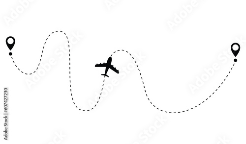 Airplane dotted route line. Path travel line shape. Flight route with start point and dash line trace for plane isolated vector illustration