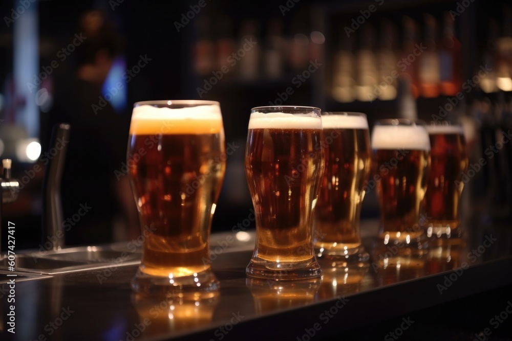 draught beer in glasses on blurred background of busy bar, created with generative ai