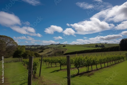 vineyard with rolling hills and blue skies, ideal for photo shoot, created with generative ai