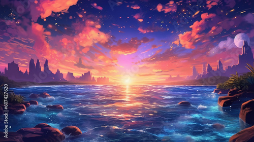 Scene of ocean with stars in the sky painting